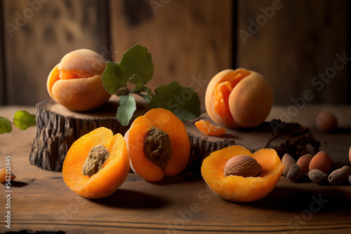Apricots close to pits and apricot pits against an old wood background. apricot pits for making tablets and medicines. Close up. Generative AI photo