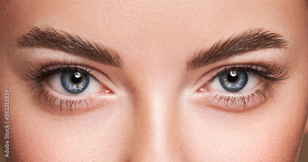 Beautiful female eyes with long eyelashes. Eyelash extensions. Makeup, cosmetics, beauty. Close up, macro Beautiful female eyes with long eyelashes. Eyelash extensions. Makeup, cosmetics, beauty. Close up, macro