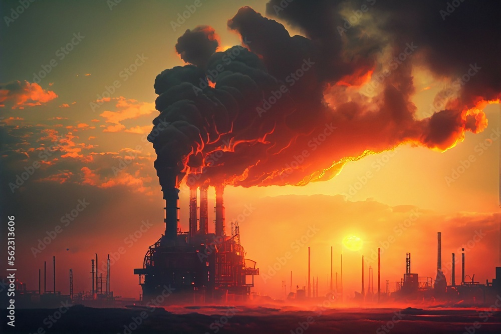 Factory Polluting chimneys big oil smoke stacks, air pollution