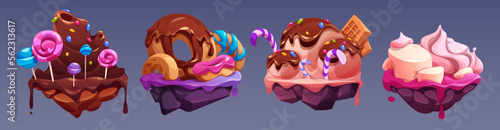 Flying islands of sweet land with candies, chocolate volcano, cake, ice cream, lollipops, donut and marshmallow. Game platforms, floating islands with desserts, vector cartoon set