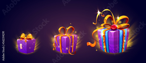 Game ui icons of gift boxes. Present packages, purple wrap with gold ribbon and bow for level rewards, prize, bonus or surprise, vector cartoon set isolated on background