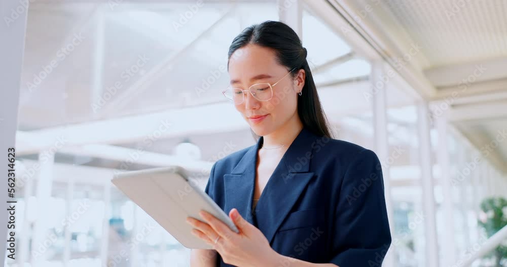 Business woman, tablet and technology, typing email for company communication or digital report. Internet, wifi and ux, networking and Asian employee with smile and inspiration in Japan office Business woman, tablet and technology, typing email for company communication or digital report. Internet, wifi and ux, networking and Asian employee with smile and inspiration in Japan office