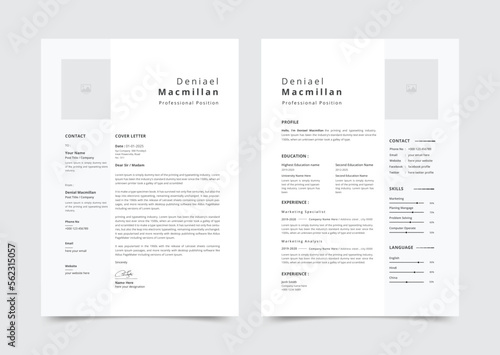 Professional CV resume template design and letterhead/cover letter - vector minimalist - black and white