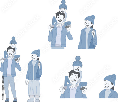冬の服装をした家族の全身と半身と肩上ブルーのセット素材