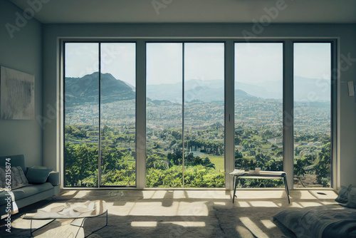 Beautiful Modern Living Interior with Stunning Mountain Views through Large Windows Made with Generative AI
