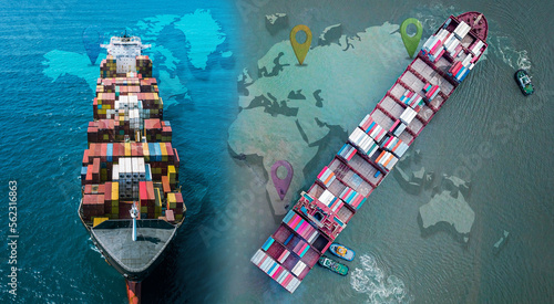 Aerial top view containers ship cargo business commercial logistic and transportation international import export by container freight cargo ship in the open seaport show ocean network on map