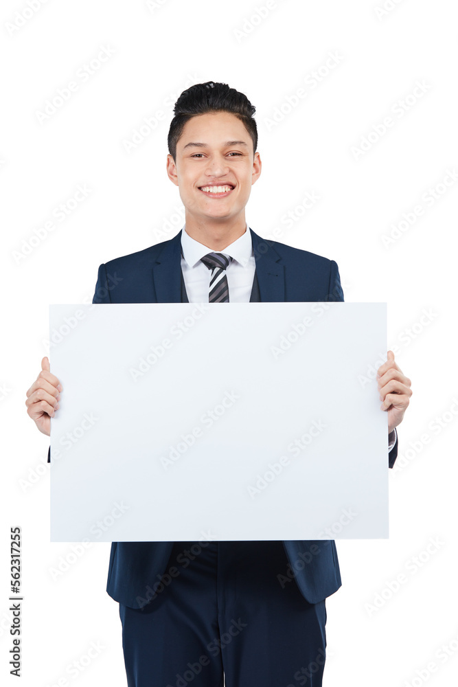 Portrait, happy worker and poster mockup for marketing paper space, advertising mock up and promotion. Corporate businessman, banner and blank billboard sign on isolated white background for branding Portrait, happy worker and poster mockup for marketing paper space, advertising mock up and promotion. Corporate businessman, banner and blank billboard sign on isolated white background for branding