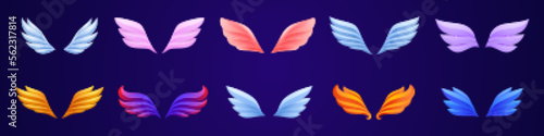 Game emblems with wings of birds, angel, eagle and phoenix. Modern icons of freedom, victory, success. Badges with wings pairs, vector cartoon illustration isolated on background