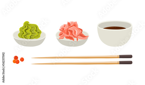 Vector set with Japanese condiments wasabi, gari (pickled ginger), soy sauce and chopsticks. 