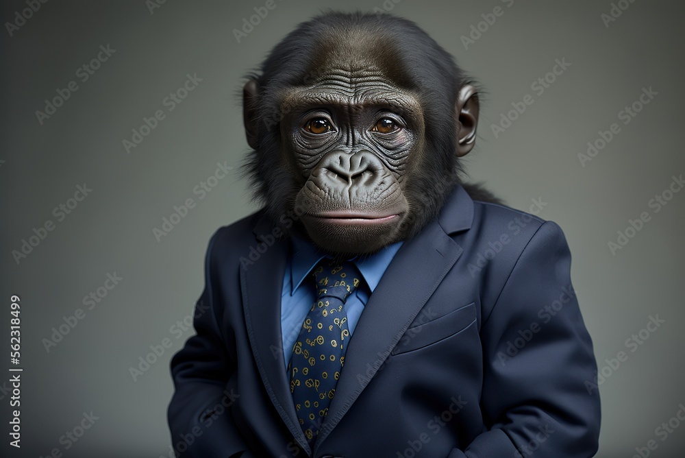 Baby gorila in the business suit created with Generative AI technology Baby gorila in the business suit created with Generative AI technology
