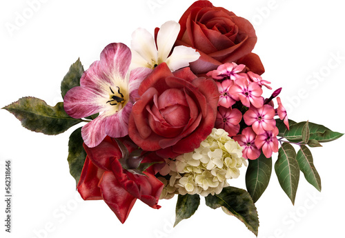 Red roses isolated on a transparent background. Png file.  Floral arrangement, bouquet of garden flowers. Can be used for invitations, greeting, wedding card.
