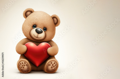 Brown teddy bear holding a red heart on white background. Cute Valentine day postcard with copy space. Generative AI