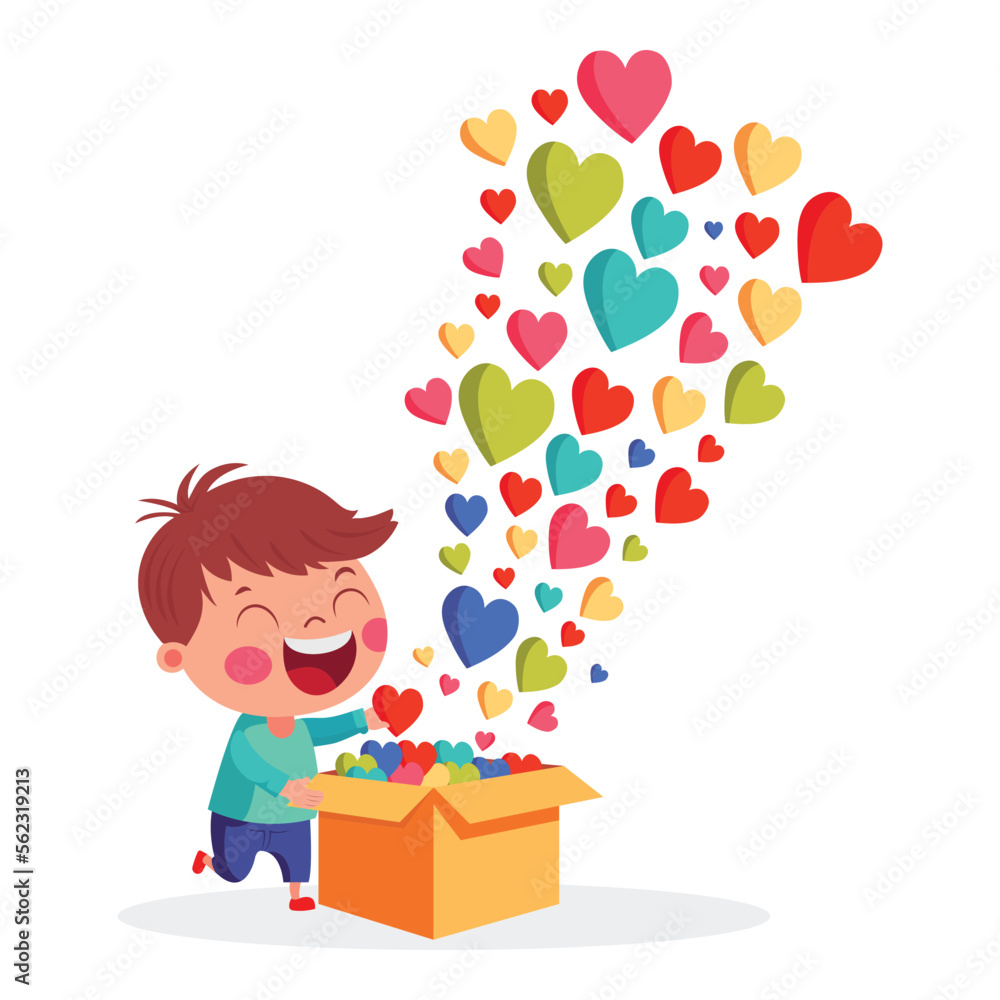 Cheerful Little Boy Character With Colorful Hearts Coming Out of Box. Love Or Valentine's Day Concept.