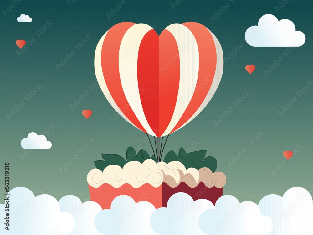 Illustration Of Heart Shape Hot Air Balloons, Clouds On Green And White Backgorund And Copy Space. Love Or Valentine's Day Concept.