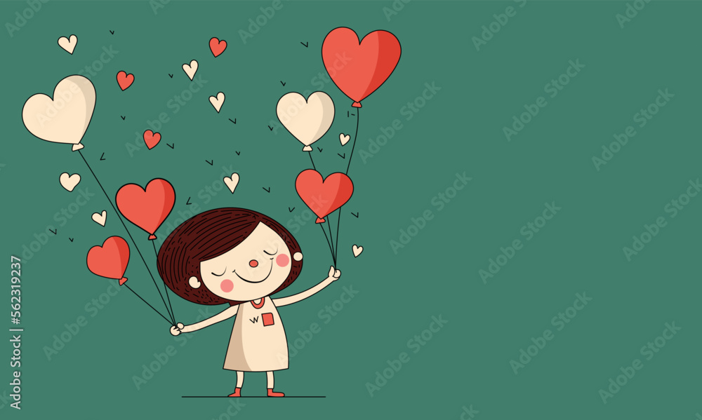 Vector Of Cute Little Girl Holding Heart Shape Balloons On Green Background And Copy Space. Love Or Valentine's Day Concept. Vector Of Cute Little Girl Holding Heart Shape Balloons On Green Background And Copy Space. Love Or Valentine's Day Concept.