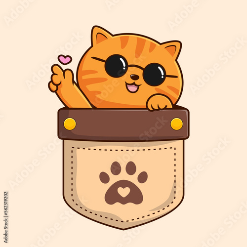 Tabby Orange Cat in Pocket Cartoon Waving Paws Hand - Striped Orange Cat