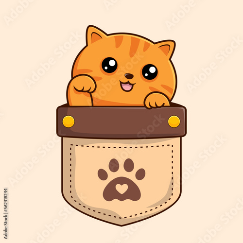 Tabby Orange Cat in Pocket Cartoon Waving Paws Hand - Striped Orange Cat