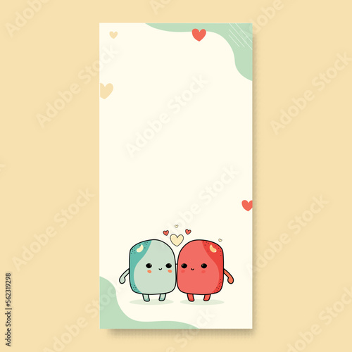 Cute Mascot Cube Couple Character With Hearts On Green And Beige Fluid Background And Copy Space. Love Or Valentine Concept.