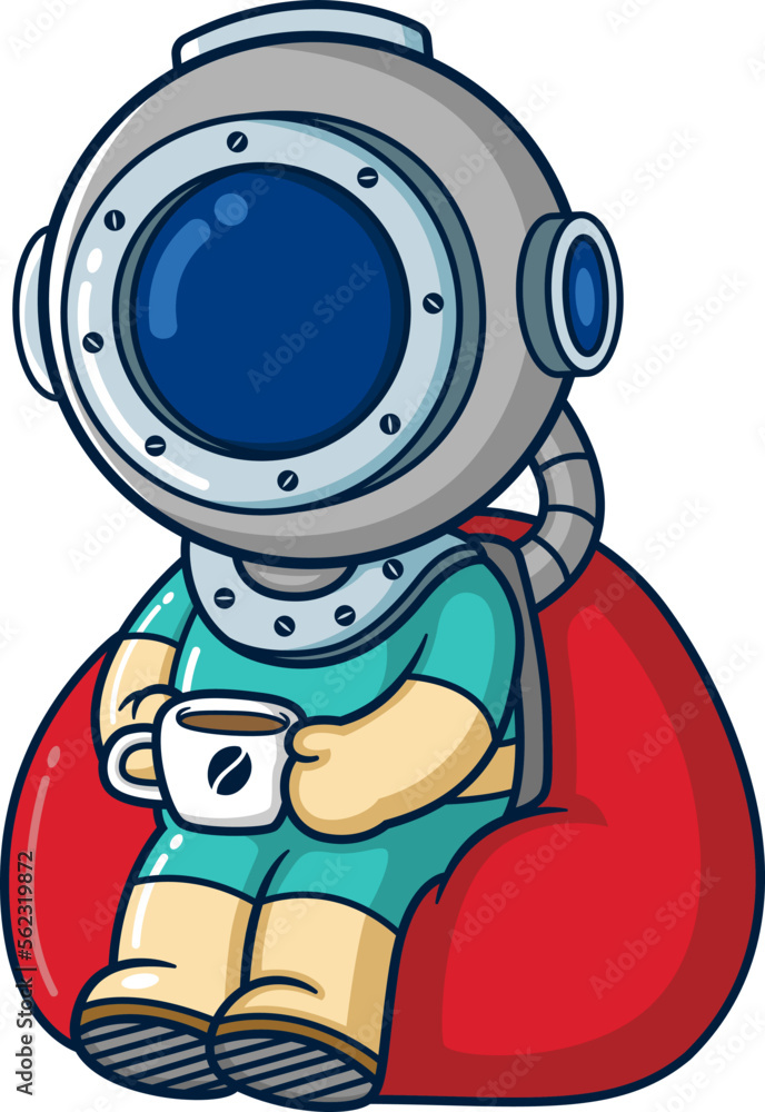 happy diver drinking coffee cup and sitting on red chair