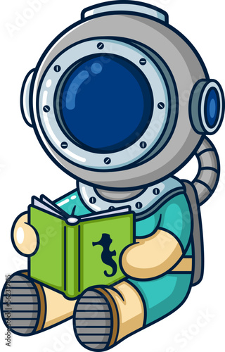The diver sitting and reading a book
