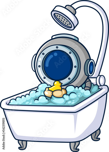 Funny diver bathing in bathtub and playing yellow rubber duck