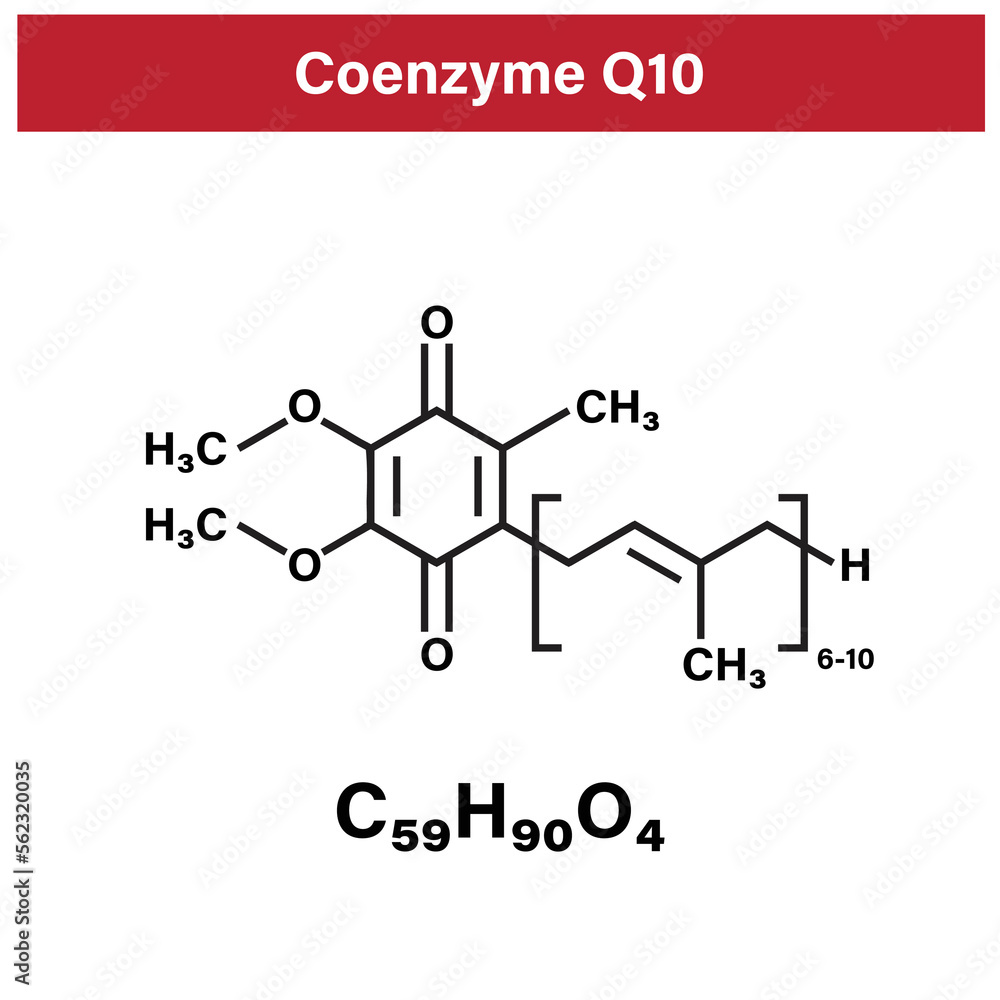 Coenzyme Q10 or ubiquinone chemical formula. Coenzyme Q10 (ubiquinone,  ubidecarenone, CoQ10) molecule, chemical structure. Plays an essential role  in the production of cellular energy; has antioxidant Stock Vector | Adobe  Stock