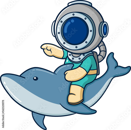 The diver enjoy riding a big dolphin