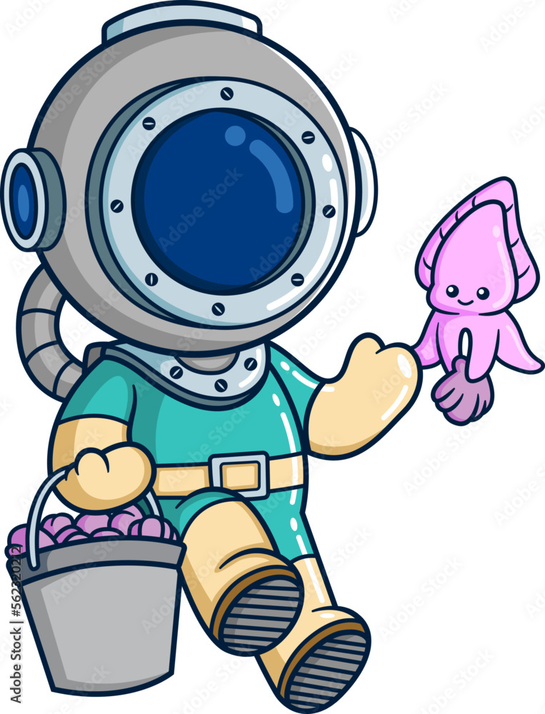 Obraz premium The diver carrying bucket and playing with cuttlefish