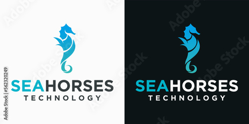 technology sea horse logo design, unique sea animal design, sea horse with technology concept