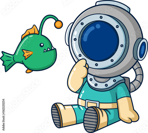 The confused diver observes the angler fish