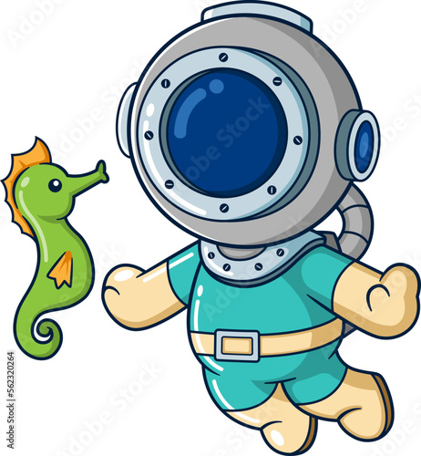 The delighted diver happily plays with a cute sea horse