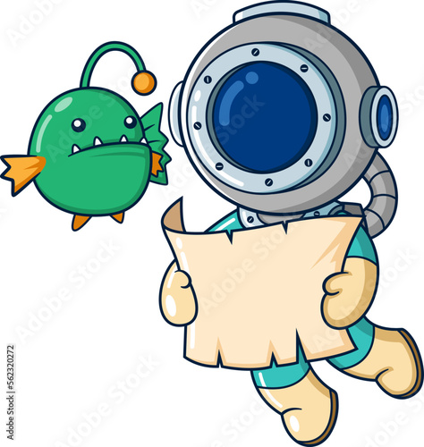 The funny diver reads a map with an angler fish