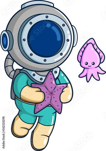 The diver brings a starfish and plays with a cuttlefish
