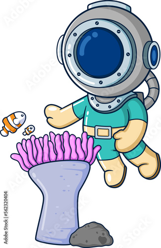 The funny diver plays with many small fish among the seaweed