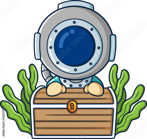 The diver finds a big treasure chest among the seaweed