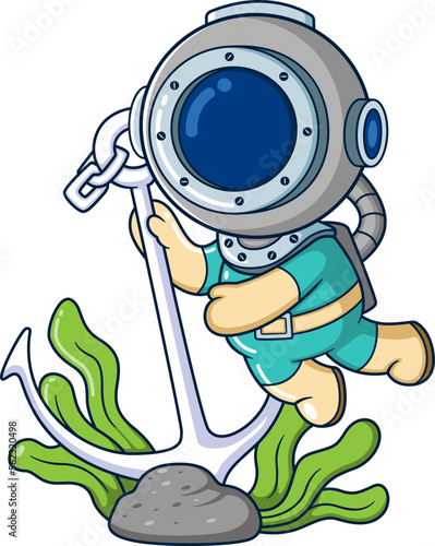 The funny diver finds a large anchor stuck on a coral reef