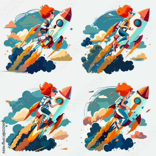 4 variants of vector illustration of female astronaut with rocket