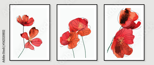 Abstract floral and botanical watercolor wall art vector set. Botanical flower line art with vibrant color painted background. Minimal nature design for home decor, interior, poster, cover, banner. 
