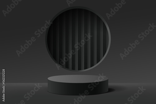Empty 3d black round podium with abstract geometric shape background