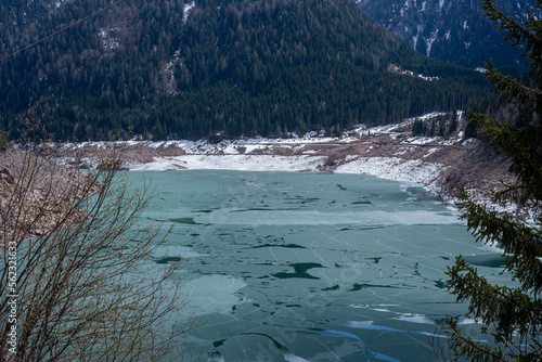 The river in the mountains, melted ice goes down the river, panorama