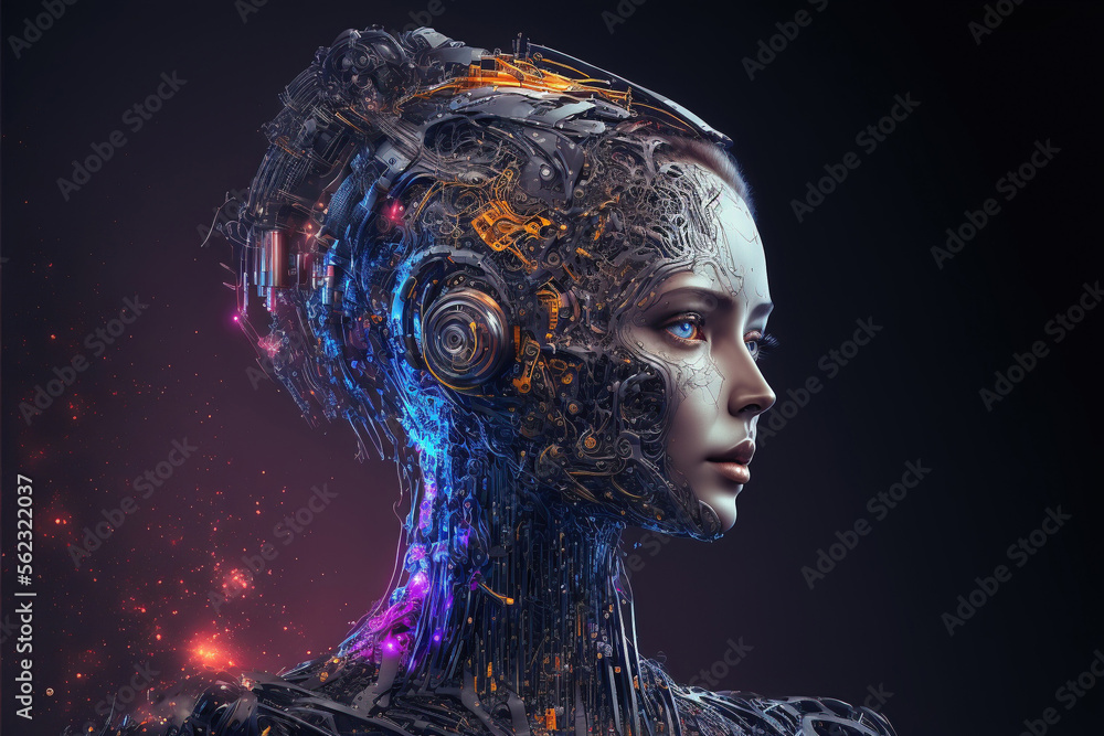 A cyborg robot, blending human and machine elements, showcasing the fusion of technology and biology, generative ai A cyborg robot, blending human and machine elements, showcasing the fusion of technology and biology, generative ai