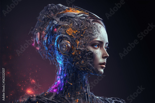 Fotomurale A cyborg robot, blending human and machine elements, showcasing the fusion of te