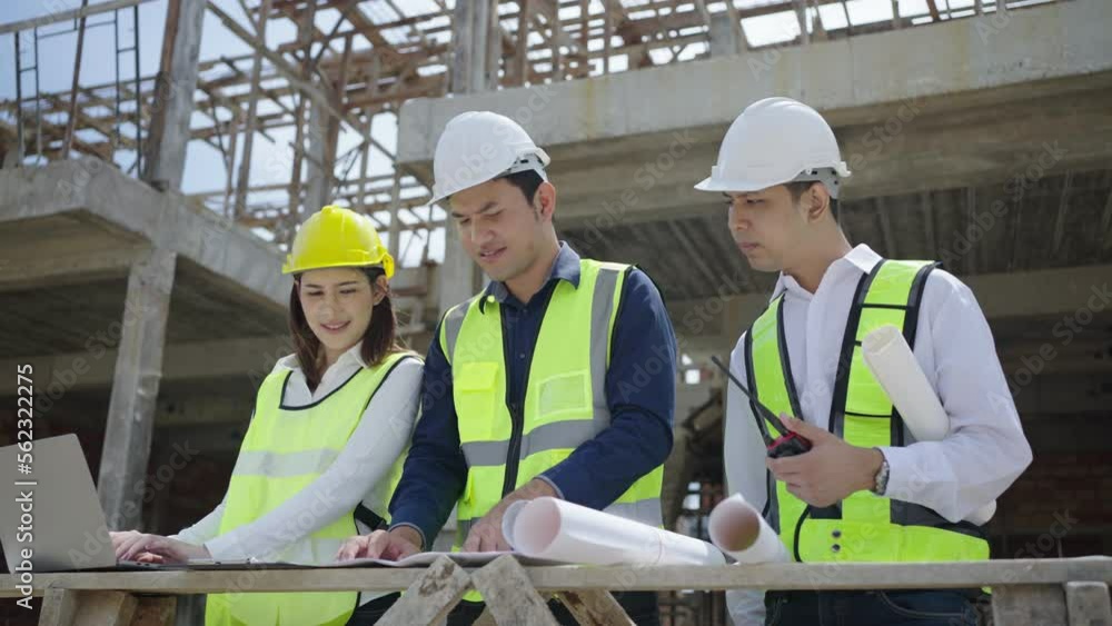 Teams of engineers and architects, watching the Blueprint and planning the construction of the building on the construction site. Teams of engineers and architects, watching the Blueprint and planning the construction of the building on the construction site.