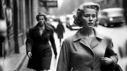 young woman walking in paris in 1950.. monochromatic vintage. This image was created with generative AI
