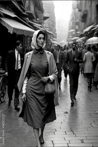 young woman posing in Istanbul downtown in 1955.. monochromatic vintage. This image was created with generative AI © Adriana