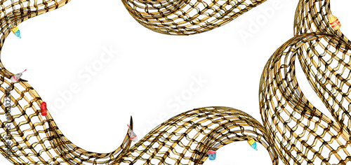 Board of fishing net and buoy watercolor illustration isolated on white background. Seine, fishnet, float hand drawn. Design element for banner, label, market, fishing sport, singboard, web photo