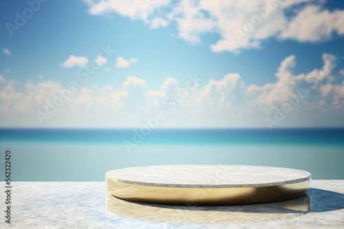 Copy space of luxury mable tabletop on blur tropical beach with blue sky and white clouds abstract background. Product presentation and travel vacation concept. Generative AI