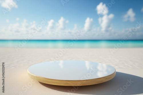 Copy space of luxury mable tabletop on blur tropical beach with blue sky and white clouds abstract background. Product presentation and travel vacation concept. Generative AI © tonktiti