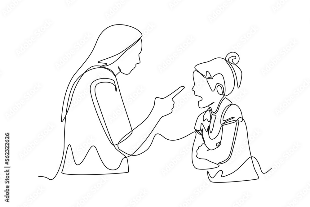 Continuous one line drawing a mother gives advice to her daughter. Rising teens concept. Single line draw design vector graphic illustration. Continuous one line drawing a mother gives advice to her daughter. Rising teens concept. Single line draw design vector graphic illustration.