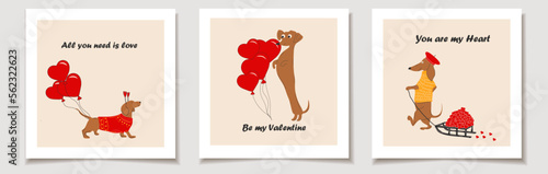 Set of Valentine's day cards with Dachshunds dogs pulls a hearts, valentines on a sleigh and decorate balloons in the shape of a heart. Love, Valentine's Day.	